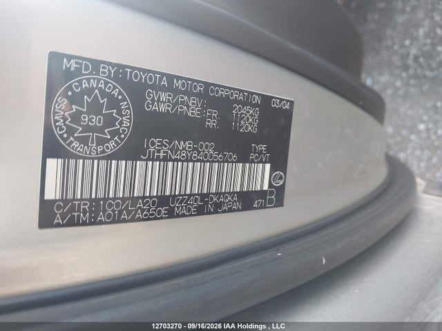 12703270 :رقم المزاد ، JTHFN48Y840056706 vin ، 2004 Lexus Sc 430 مزاد بيع