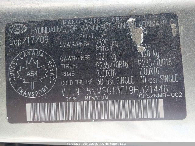 12703272 :رقم المزاد ، 5NMSG13E19H321446 vin ، 2009 Hyundai Santa Fe مزاد بيع