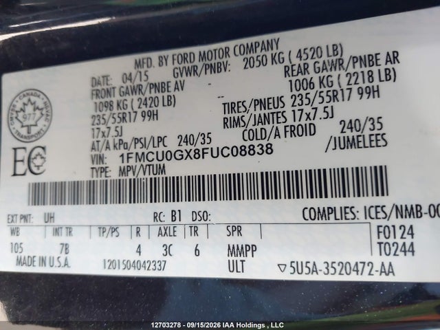 Ford ESCAPE SE 2015 1FMCU0GX8FUC08838 Image 9