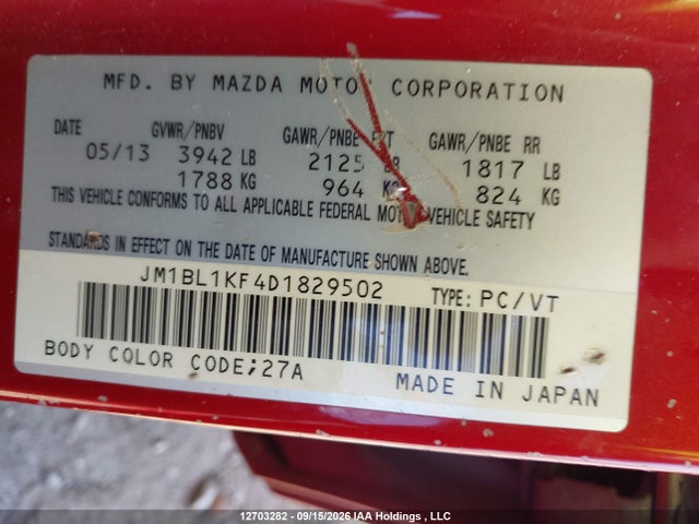 Aukcja sprzedaży 2013 Mazda Mazda3 Gx, vin: JM1BL1KF4D1829502, numer aukcji: 12703282