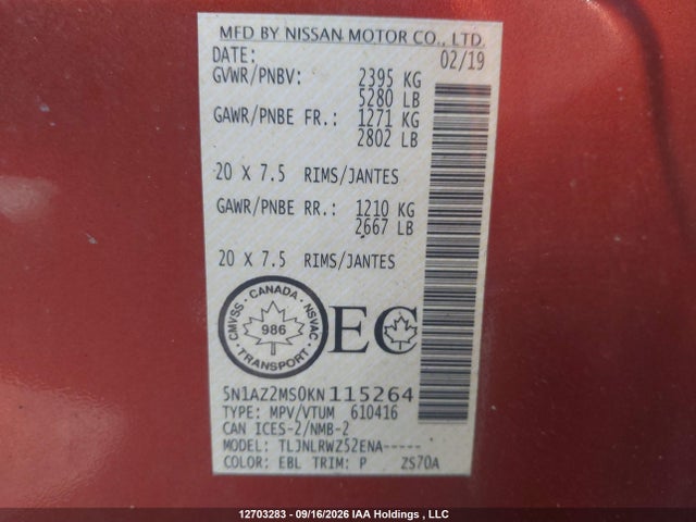 5N1AZ2MS0KN115264 Nissan Murano S/sl/sv/platinum