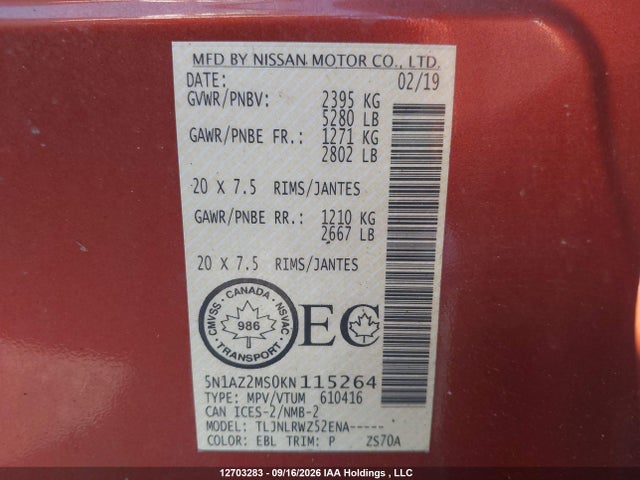 5N1AZ2MS0KN115264 Nissan Murano S/sl/sv/platinum