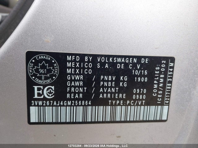 12703284 :رقم المزاد ، 3VW267AJ4GM256864 vin ، 2016 Volkswagen Jetta 1.4 Tsi Trendline/1.4 Tsi Trendline+ مزاد بيع