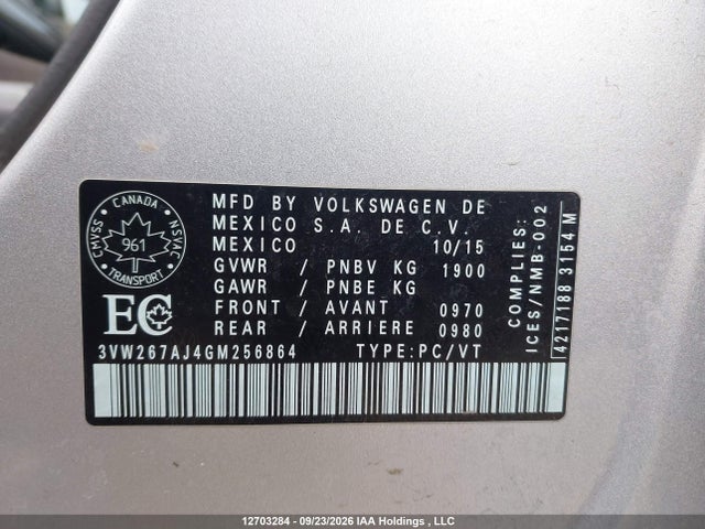 12703284 :رقم المزاد ، 3VW267AJ4GM256864 vin ، 2016 Volkswagen Jetta 1.4 Tsi Trendline/1.4 Tsi Trendline+ مزاد بيع