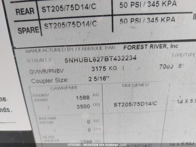 Продажа на аукционе авто 2011 Forest River , vin: 5NHUBL627BT432234, номер лота: 12703293