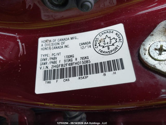 Продажа на аукционе авто 2015 Honda Civic Lx, vin: 2HGFB2F48FH015085, номер лота: 12703294