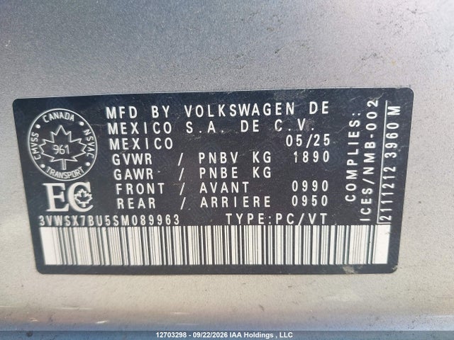 2025 Volkswagen Jetta Comfortline მანქანა იყიდება აუქციონზე, vin: 3VWSX7BU5SM089963, აუქციონის ნომერი: 12703298