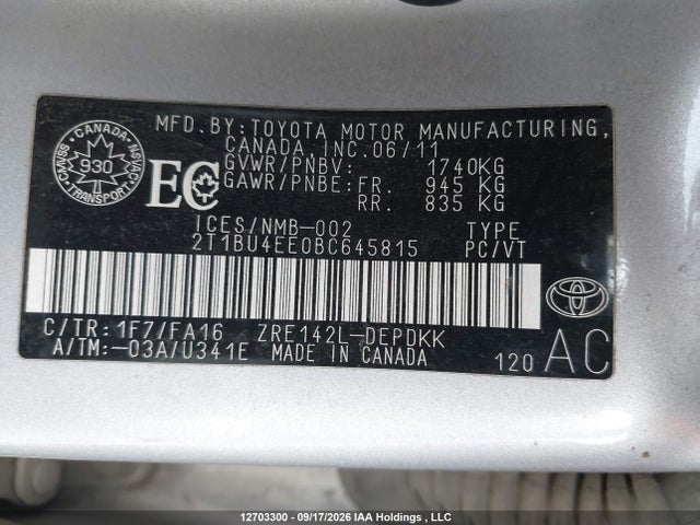 Продаж на аукціоні авто 2011 Toyota Corolla S/le, vin: 2T1BU4EE0BC645815, номер лоту: 12703300