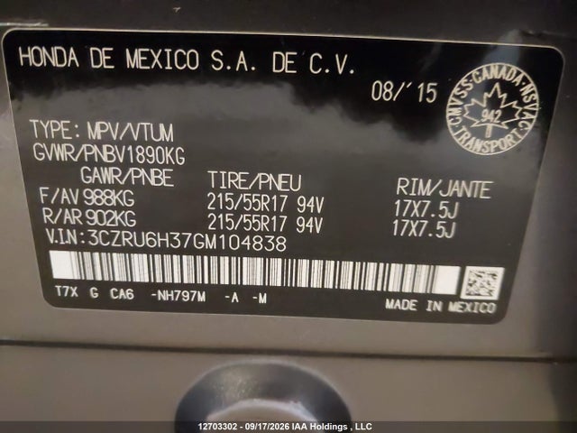 12703302 :رقم المزاد ، 3CZRU6H37GM104838 vin ، 2016 Honda Hr-v Lx مزاد بيع