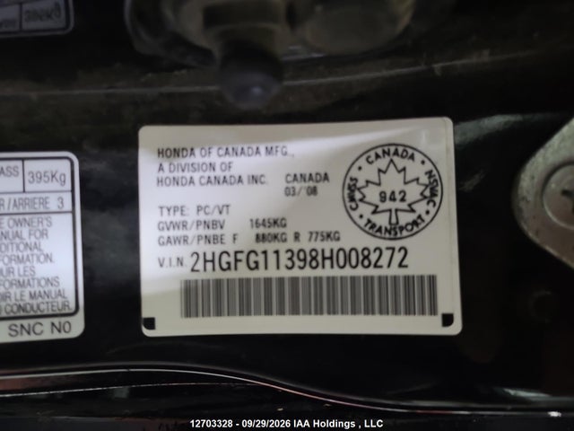 Продаж на аукціоні авто 2008 Honda Civic Dx-g, vin: 2HGFG11398H008272, номер лоту: 12703328
