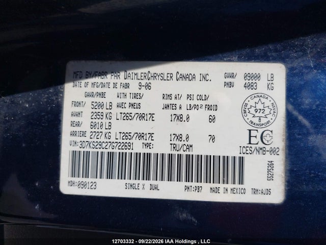 2007 Dodge Ram 2500 Laramie/slt მანქანა იყიდება აუქციონზე, vin: 3D7KS29C27G722691, აუქციონის ნომერი: 12703332