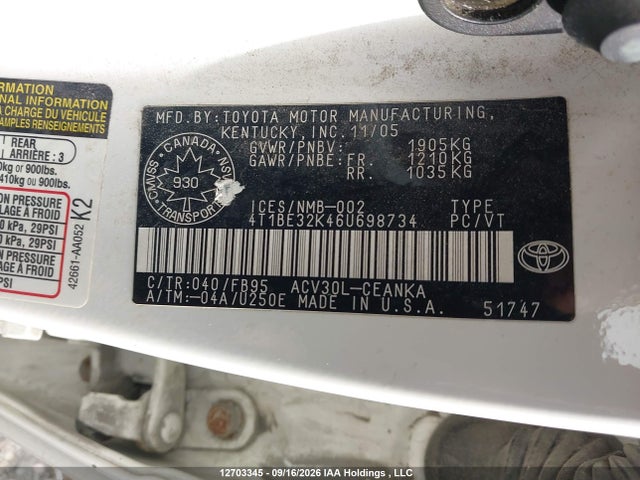 Продажа на аукционе авто 2006 Toyota Camry Le/se, vin: 4T1BE32K46U698734, номер лота: 12703345