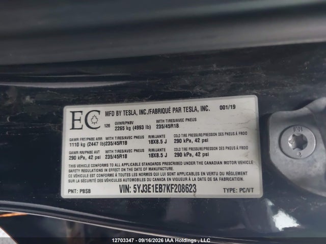Продаж на аукціоні авто 2019 Tesla Model 3, vin: 5YJ3E1EB7KF208623, номер лоту: 12703347