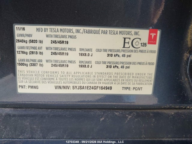 Tesla MODEL S 2016 5YJSA1E24GF164949 Image 9