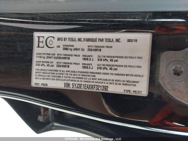 Auction sale of the 2019 Tesla Model 3, vin: 5YJ3E1EAXKF321392, lot number: 12703349