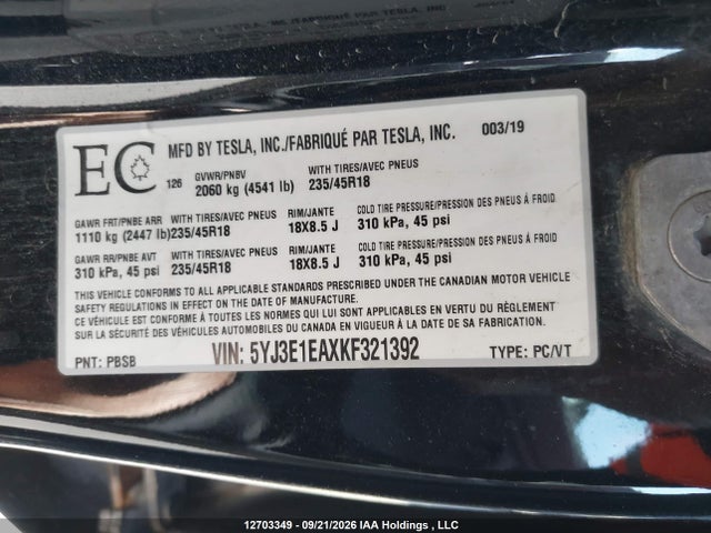 Auction sale of the 2019 Tesla Model 3, vin: 5YJ3E1EAXKF321392, lot number: 12703349