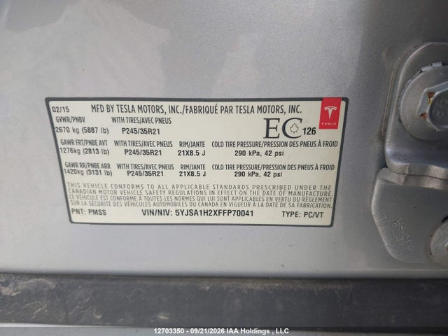 12703350 :رقم المزاد ، 5YJSA1H2XFFP70041 vin ، 2015 Tesla Model S 85d مزاد بيع