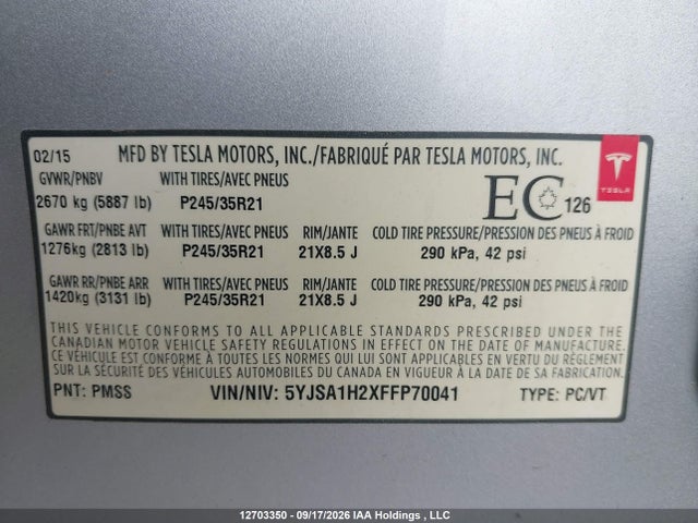 12703350 :رقم المزاد ، 5YJSA1H2XFFP70041 vin ، 2015 Tesla Model S 85d مزاد بيع