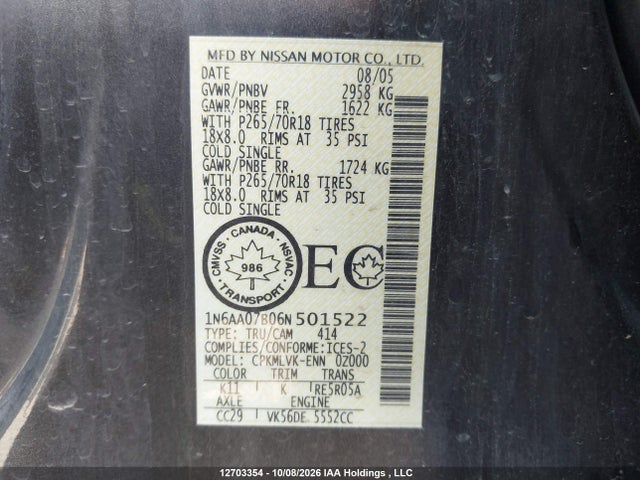 2006 Nissan Titan მანქანა იყიდება აუქციონზე, vin: 1N6AA07B06N501522, აუქციონის ნომერი: 12703354