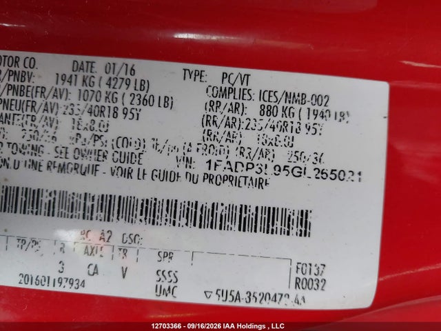 12703366 :رقم المزاد ، 1FADP3L95GL265021 vin ، 2016 Ford Focus St St مزاد بيع
