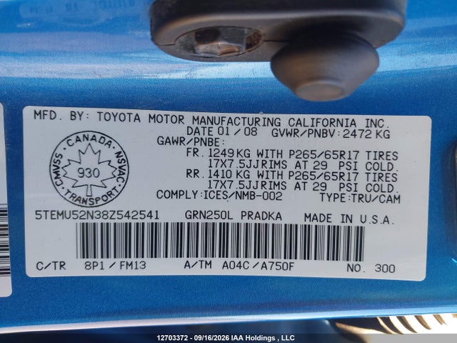 12703372 :رقم المزاد ، 5TEMU52N38Z542541 vin ، 2008 Toyota Tacoma V6 مزاد بيع