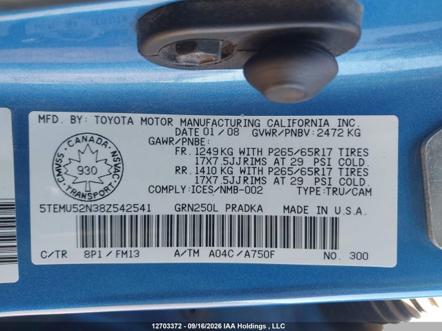 12703372 :رقم المزاد ، 5TEMU52N38Z542541 vin ، 2008 Toyota Tacoma V6 مزاد بيع