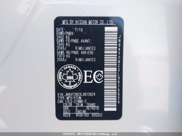 Aukcja sprzedaży 2020 Nissan Armada Platinum/sl, vin: JN8AY2NCXL9615624, numer aukcji: 12703373