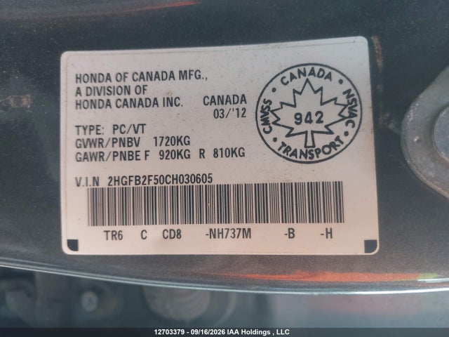 2012 Honda Civic Ex მანქანა იყიდება აუქციონზე, vin: 2HGFB2F50CH030605, აუქციონის ნომერი: 12703379
