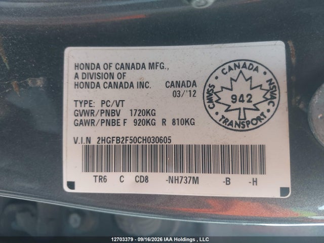 2012 Honda Civic Ex მანქანა იყიდება აუქციონზე, vin: 2HGFB2F50CH030605, აუქციონის ნომერი: 12703379