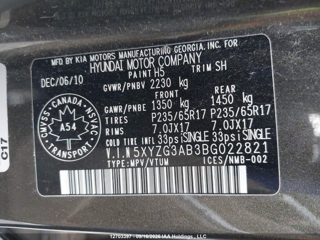 Aukcja sprzedaży 2011 Hyundai Santa Fe Gl 2.4, vin: 5XYZG3AB3BG022821, numer aukcji: 12703397