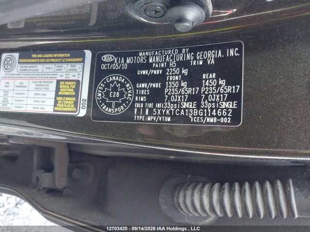 12703420 :رقم المزاد ، 5XYKTCA13BG114662 vin ، 2011 Kia Sorento Lx مزاد بيع