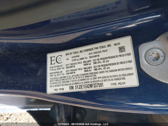 Tesla MODEL 3 2022 5YJ3E1EA2NF337591 Image 9