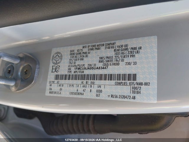 Aukcja sprzedaży 2025 Ford Escape Platinum, vin: 1FMCU9JA9SUA83447, numer aukcji: 12703430