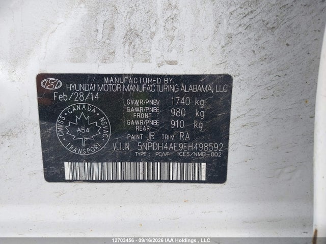 12703456 :رقم المزاد ، 5NPDH4AE9EH498592 vin ، 2014 Hyundai Elantra Se/sport/limited مزاد بيع