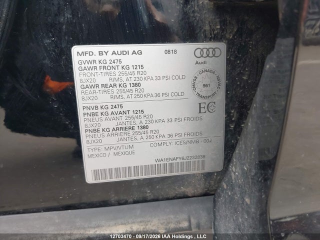 Продаж на аукціоні авто 2018 Audi Q5 Progressiv S-line, vin: WA1ENAFY6J2232838, номер лоту: 12703470