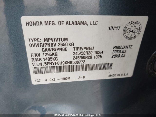 5FNYF6H9XHB508772 Honda Pilot Touring