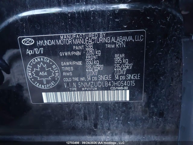 2018 Hyundai Santa Fe Sport მანქანა იყიდება აუქციონზე, vin: 5NMZUDLB4JH054015, აუქციონის ნომერი: 12703498