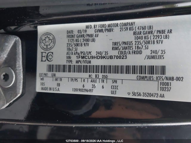 Продаж на аукціоні авто 2019 Ford Escape Sel, vin: 1FMCU9HD9KUB70023, номер лоту: 12703500