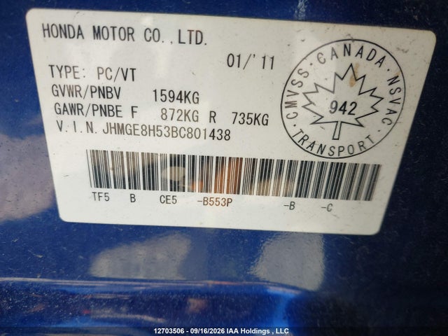 2011 Honda Fit Sport მანქანა იყიდება აუქციონზე, vin: JHMGE8H53BC801438, აუქციონის ნომერი: 12703506