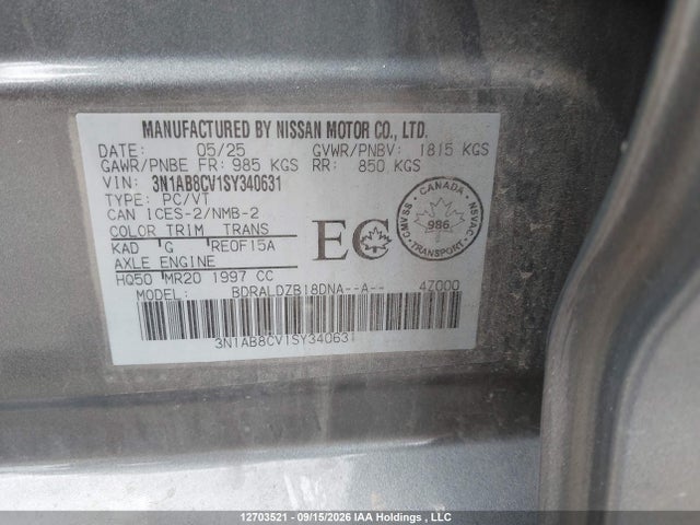 Продаж на аукціоні авто 2025 Nissan Sentra Sv Cvt, vin: 3N1AB8CV1SY340631, номер лоту: 12703521