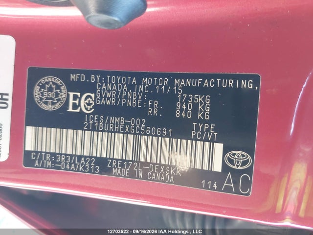 2T1BURHEXGC560691 Toyota Corolla S