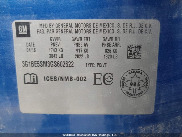 Chevrolet Cruze Lt Auto 2016 3G1BE5SM3GS602622 Image 19