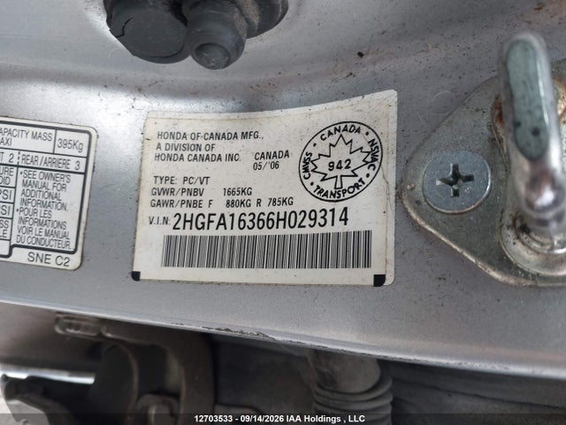12703533 :رقم المزاد ، 2HGFA16366H029314 vin ، 2006 Honda Civic Dx Vp مزاد بيع