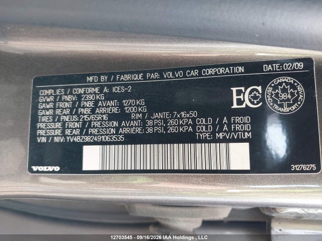 12703545 :رقم المزاد ، YV4BZ982491063535 vin ، 2009 Volvo Xc70 3.2 مزاد بيع