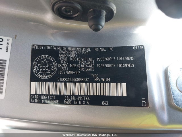 Aukcja sprzedaży 2016 Toyota Sienna Le, vin: 5TDKK3DC6GS698937, numer aukcji: 12703551