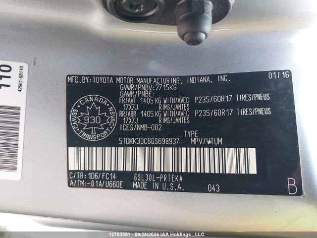 Aukcja sprzedaży 2016 Toyota Sienna Le, vin: 5TDKK3DC6GS698937, numer aukcji: 12703551