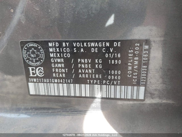12703578 :رقم المزاد ، 3VW217AU1GM042147 vin ، 2016 Volkswagen Golf 1.8 Tsi Comfortline/1.8 Tsi Highline/1.8 Tsi Trendline مزاد بيع