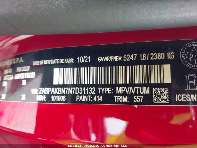 12703593 :رقم المزاد ، ZASPAKBN7N7D31132 vin ، 2022 Alfa Romeo Stelvio Ti/ti Sport مزاد بيع