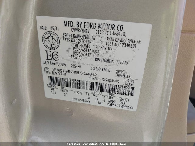 Продаж на аукціоні авто 2011 Ford Escape Limited, vin: 1FMCU9EGXBKC44642, номер лоту: 12703625