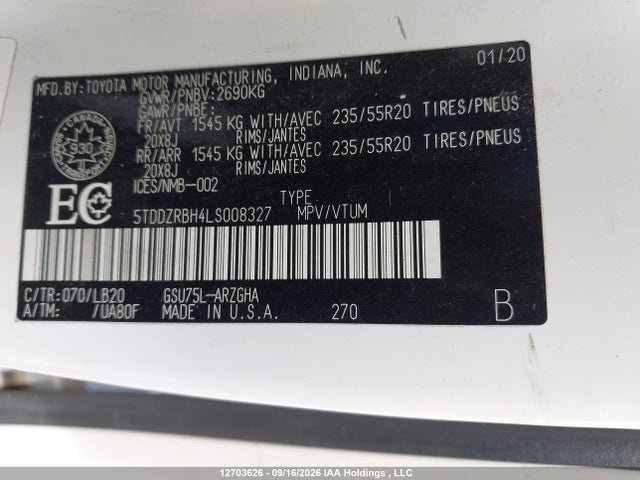 Toyota Highlander Limited 2020 5TDDZRBH4LS008327 Image 9